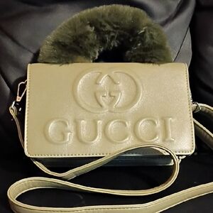 Gucci Khaki Leather Crossbody Bag with Fur Handle